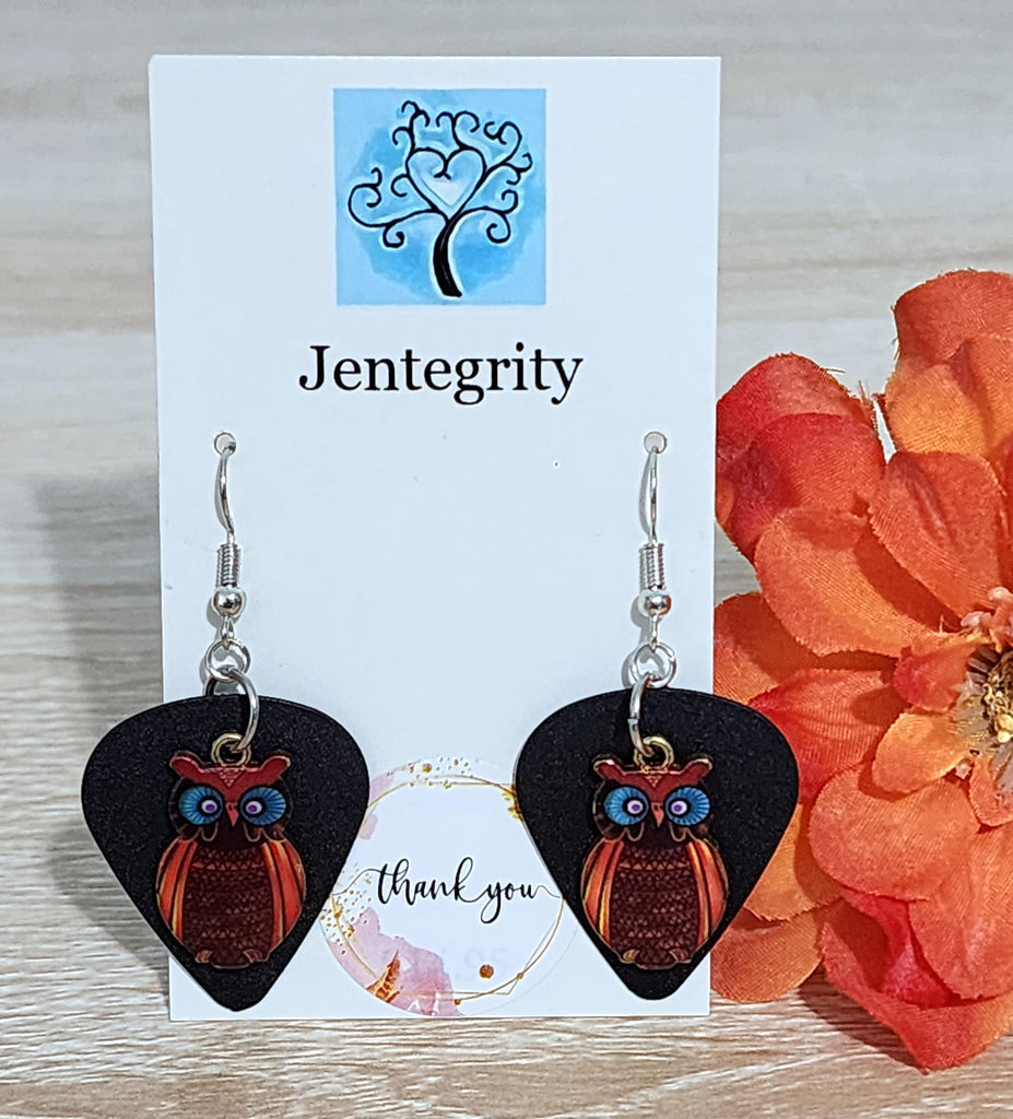 Guitar Pick Owl Earrings